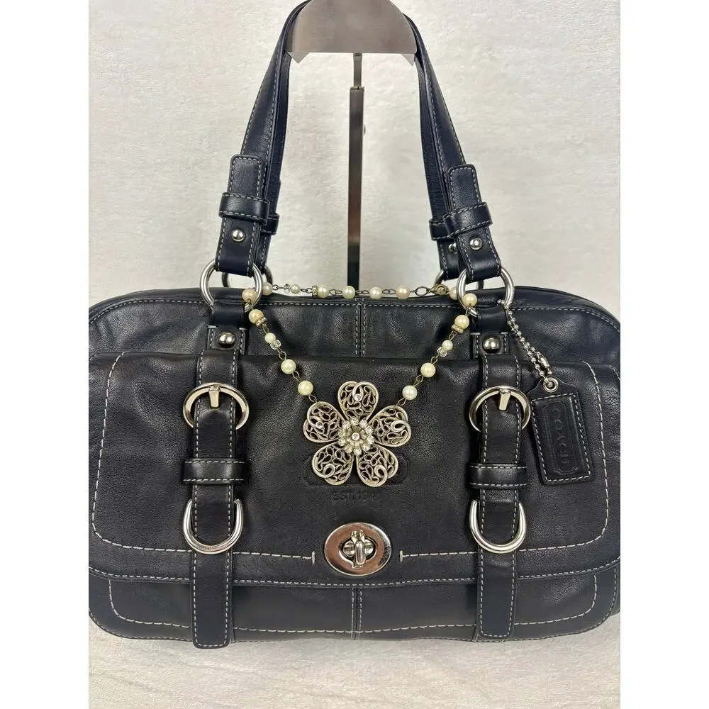 Coach Vintage Chelsea Black Leather Turnlock Satchel with Elegant Charm